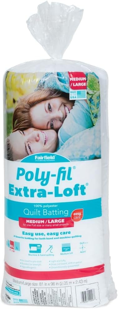 Fairfield Poly-Fil Extra-Loft Quilt Batting, Premium Polyester Batting for Quilting, Ideal for Lap Blankets and Full-Sized Projects, Quilting Supplies, 81" x 96"